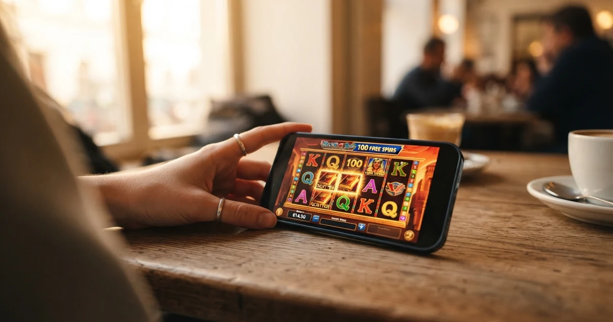 Ein Smartphone mit einer geöffneten Casino-App, auf deren Bildschirm ein Freispiel-Angebot angezeigt wird