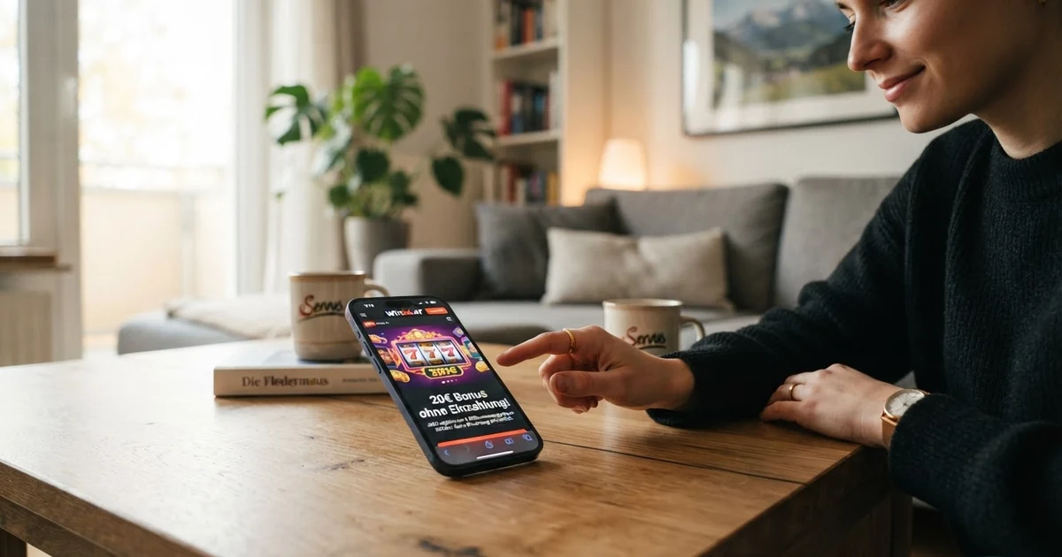 Startbildschirm eines Online-Casinos mit der Anzeige eines Willkommensangebots über 20 Euro Bonusguthaben ohne erforderliche Einzahlung