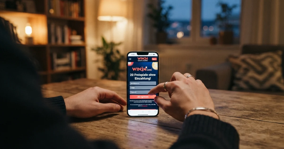 Smartphone-Bildschirm mit der Anzeige eines Casino-Willkommensangebots für 20 Freispiele ohne Einzahlung und einem geöffneten Registrierungsformular