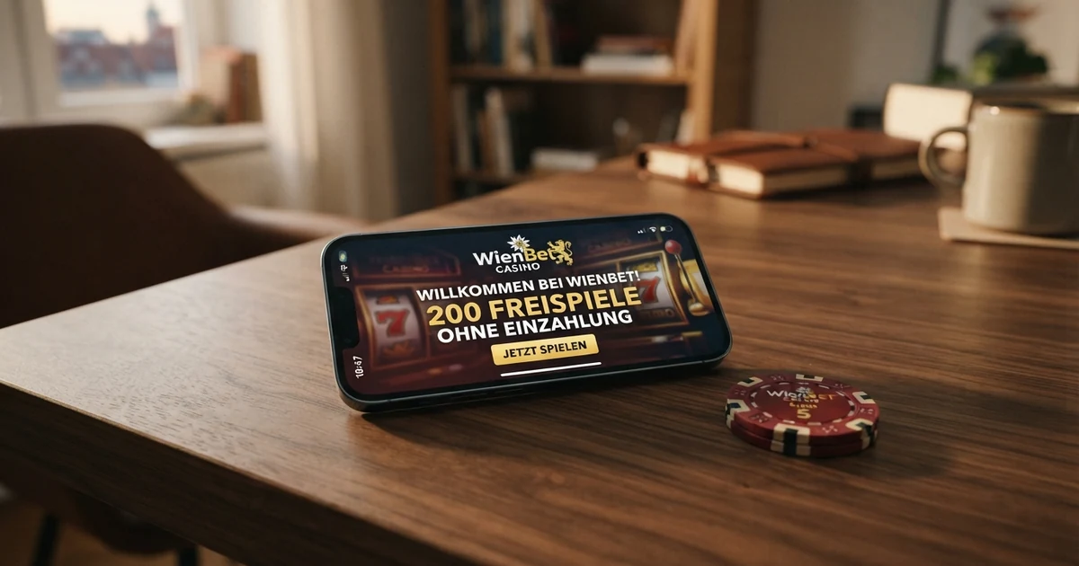 Ein Smartphone mit geöffnetem Online-Casino, auf dem „200 Freispiele ohne Einzahlung“ als Willkommensbonus angezeigt wird