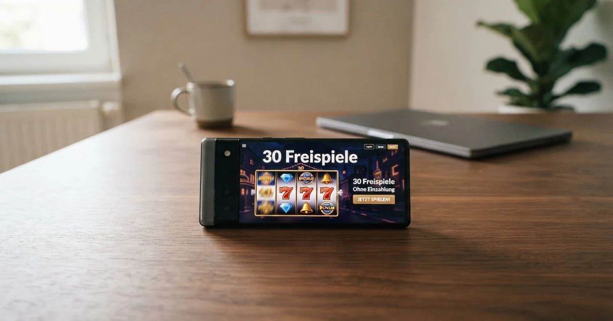 Nahaufnahme eines Smartphones mit geöffnetem Casino-Slot und dem eingeblendeten Text „30 Freispiele“