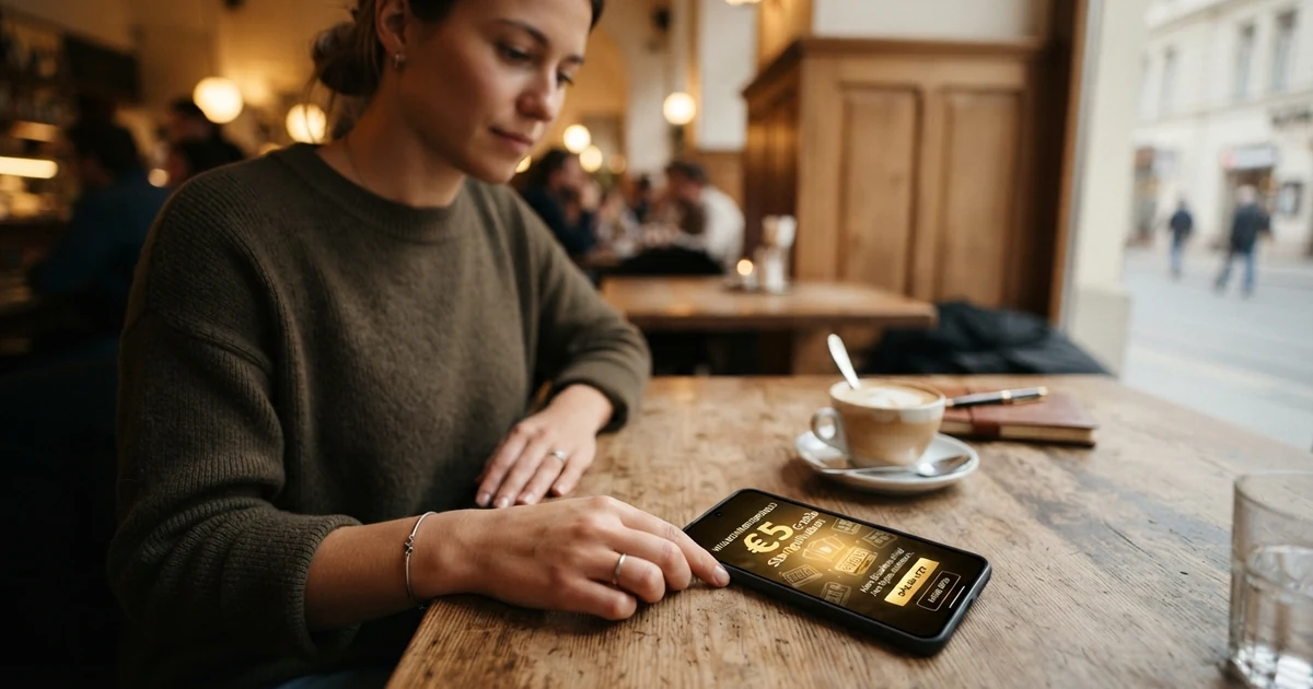 Ein Bildschirmfoto eines Online-Casino-Bonusbildschirms, der ein hervorgehobenes 5-Euro-Startguthaben ohne Einzahlung zeigt, daneben die Bedingungen in Kleinschrift