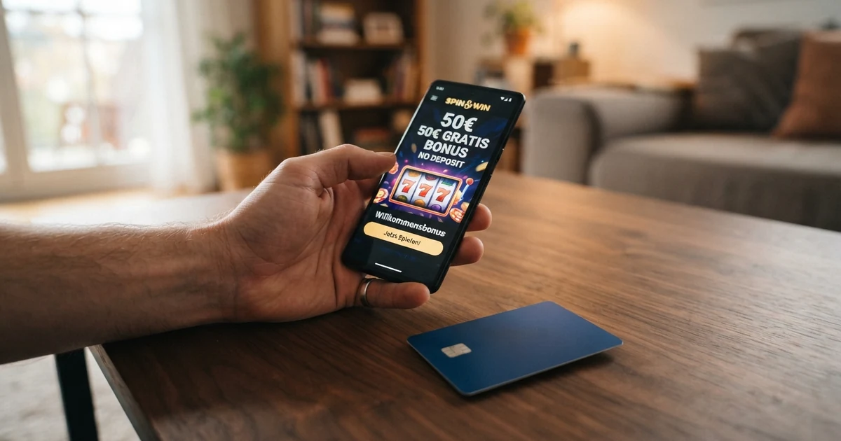 Eine Nahaufnahme von Casino-Chips und einem Smartphone-Display mit einer 50-Euro-Einzahlungsbestätigung auf dem Bildschirm, vor einem dezenten dunklen Hintergrund