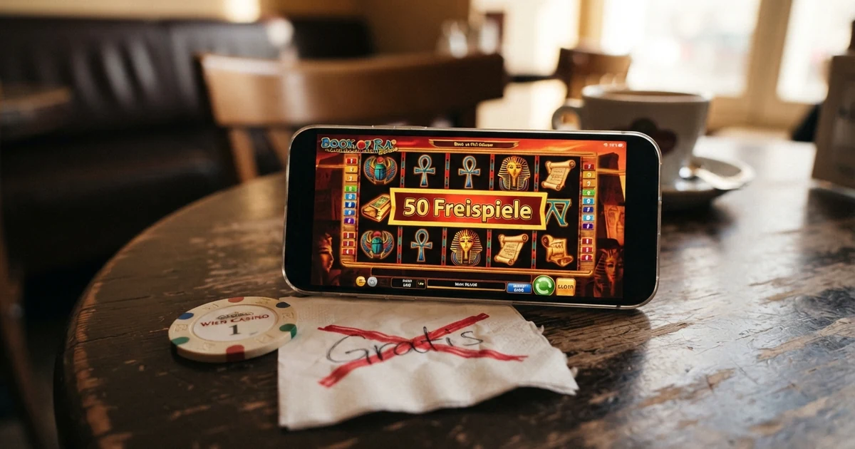 Ein Stapel Casino-Chips neben einem Smartphone mit geöffneter Slot-Oberfläche, im Hintergrund das Wort „Gratis“ durchgestrichen