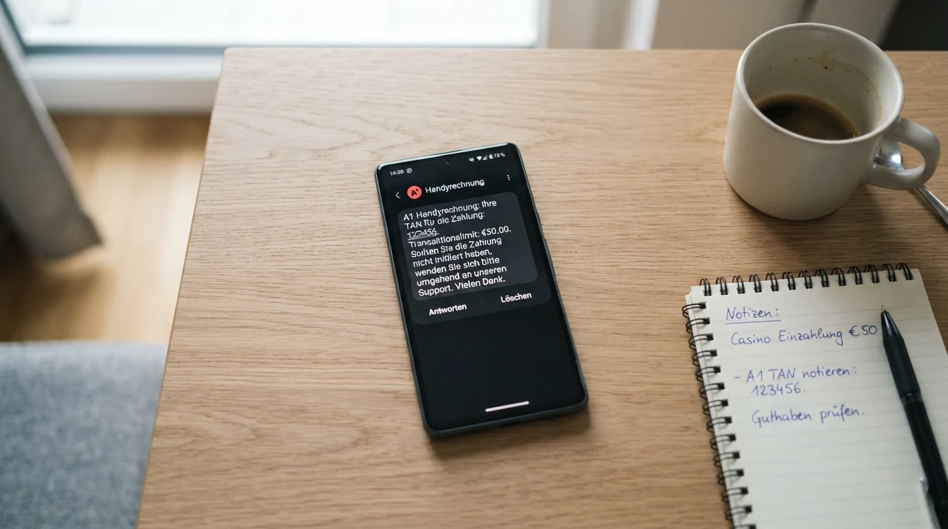 Ein Handy-Display mit einer eingehenden SMS-TAN-Nachricht und dem Hinweis „€50 Transaktionslimit“