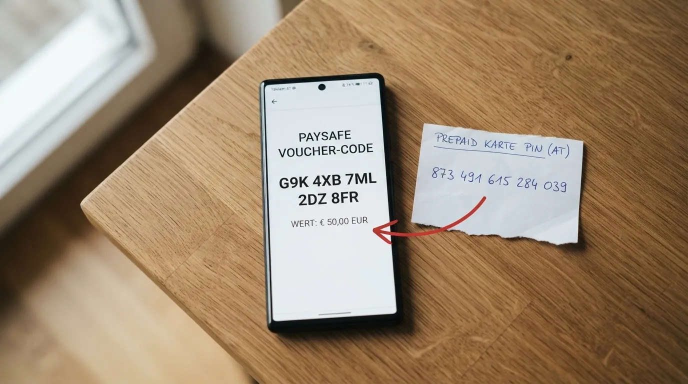 Ein Amazon-Gutscheincode auf einem Smartphone-Bildschirm, daneben ein Paysafecard-PIN mit einem Pfeil, der den Umweg symbolisiert