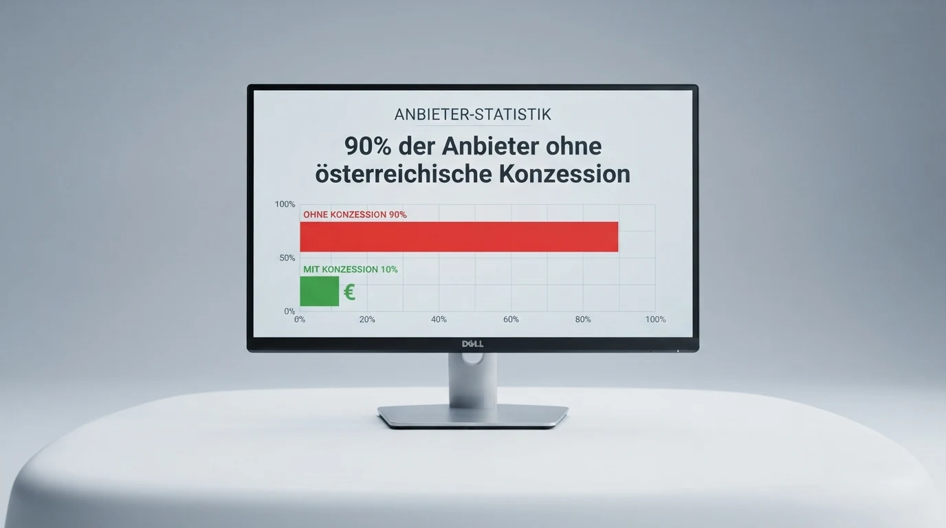 Eine Übersichtstabelle auf einem Bildschirm, die für mehrere Casino-Logos den jeweiligen Konzessionsstatus mit grünen (legal) und roten (keine Konzession) Markierungen zeigt