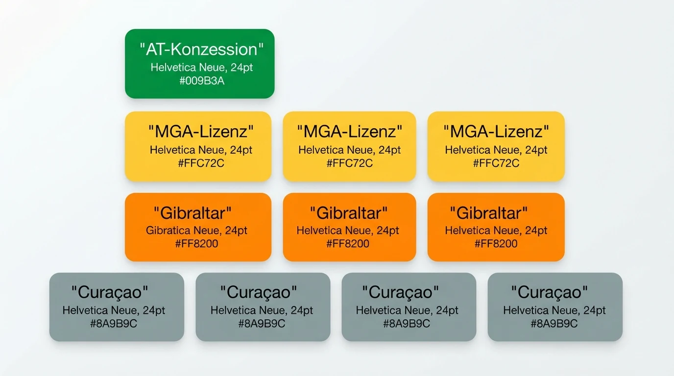 Ein stilisiertes Raster mit zehn Karten, jede mit einem Casino-Logo, farblich gruppiert nach Lizenztyp: eine Karte in Grün (AT-Konzession), die übrigen in Gelb (MGA), Orange (Gibraltar) und Grau (Curaçao).