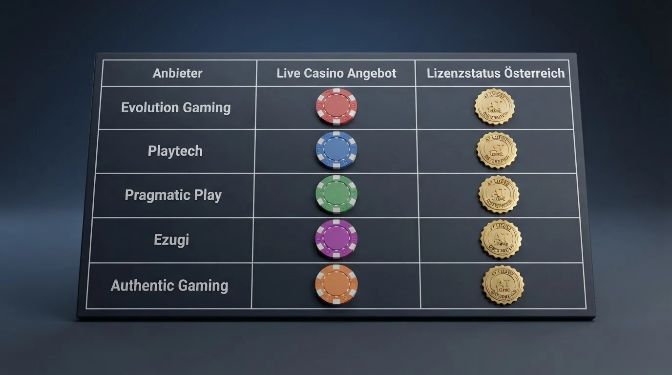 Eine Übersichtstabelle mit Casino-Logos, AT-Konzessionsstatus und Software-Anbietern für Live Blackjack in Österreich