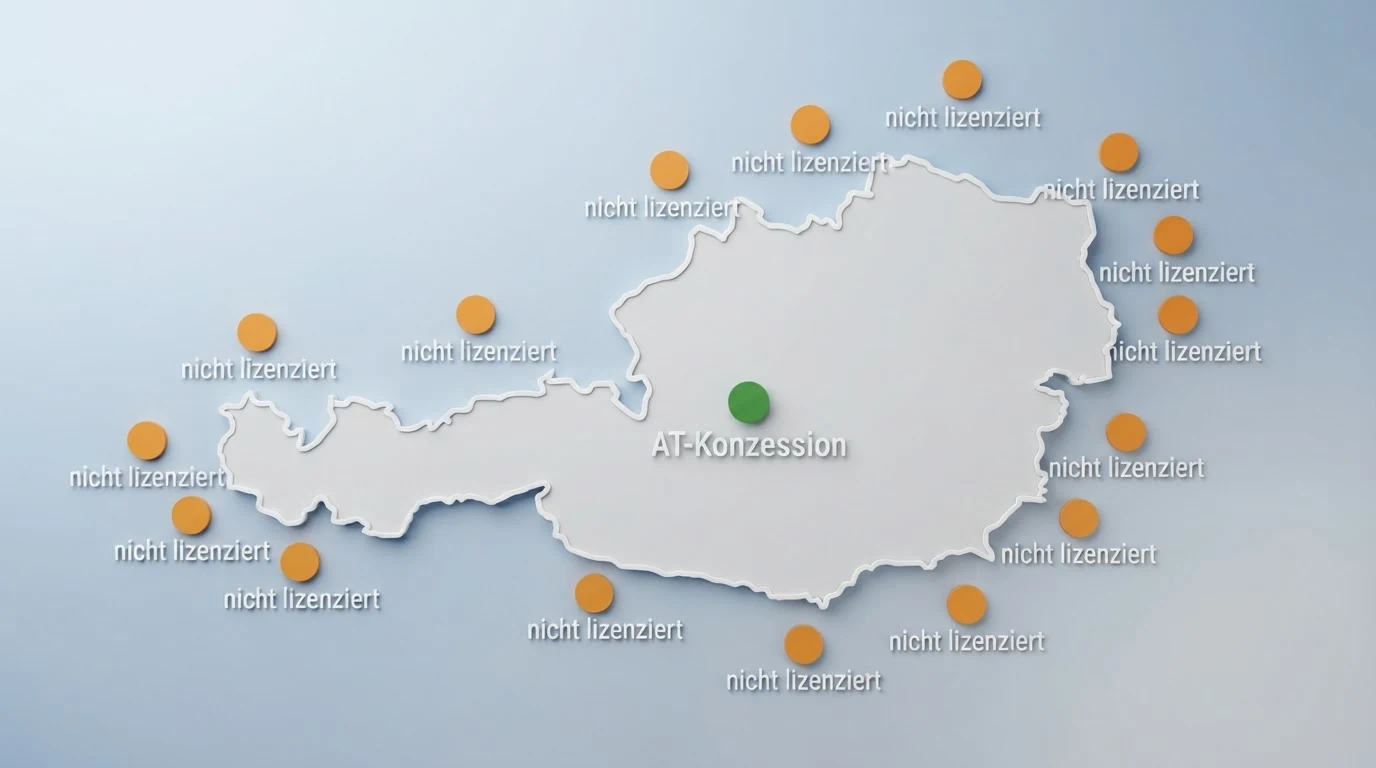 Eine schematische Österreich-Karte mit einem grün markierten Punkt für win2day („AT-Konzession“) und mehreren orange markierten Punkten außerhalb der Landesgrenzen („nicht lizenziert“)