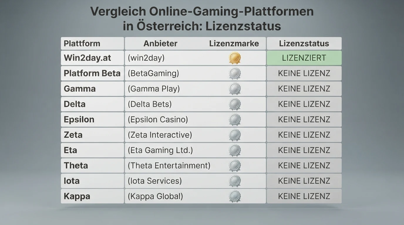 Tabellarische Übersicht mit zehn Online-Casino-Logos und einer farblich hervorgehobenen Spalte zum Lizenzstatus — ein Anbieter als konzessioniert, neun als nicht konzessioniert markiert