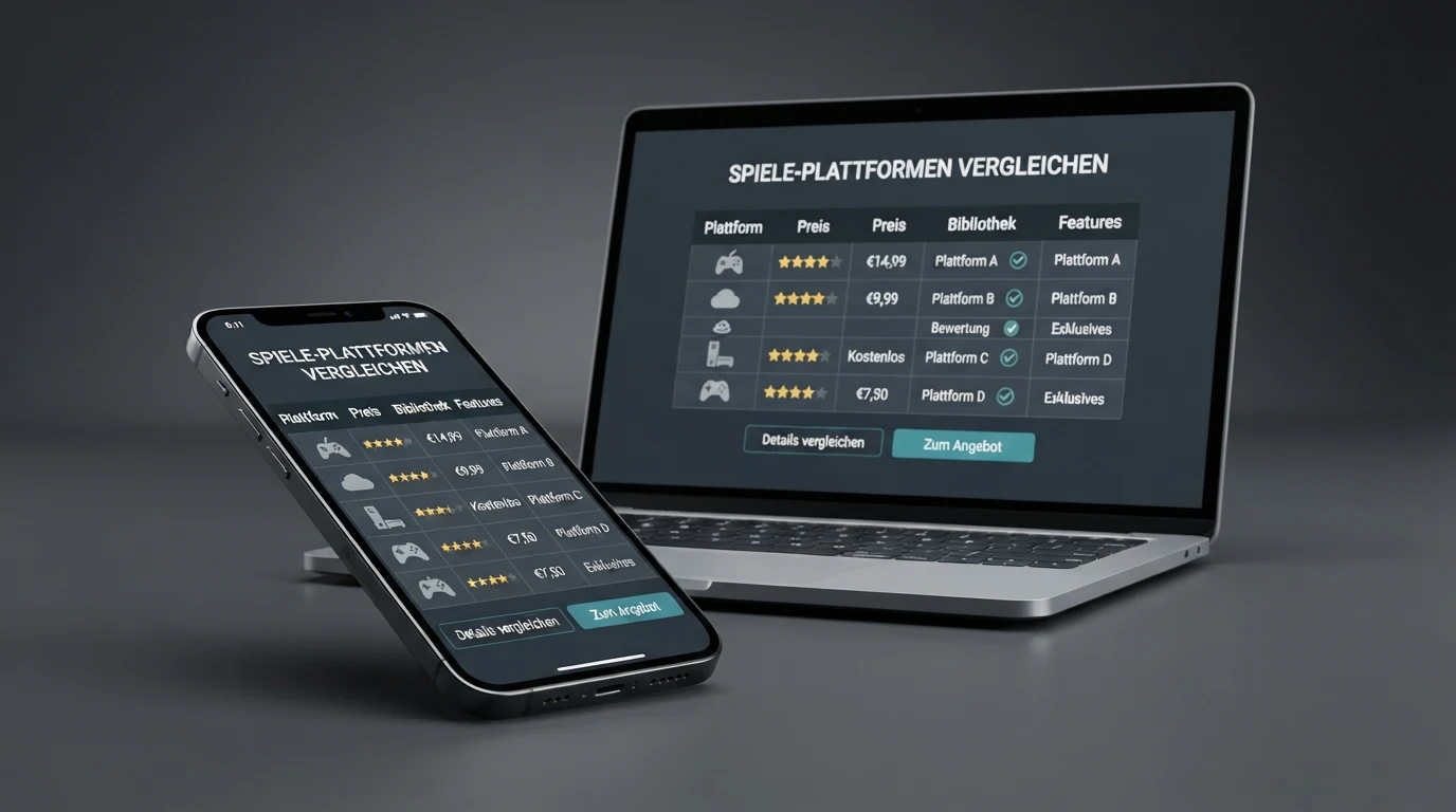 Eine tabellarische Übersicht auf einem Smartphone-Bildschirm mit Casino-Logos und Häkchen, im Hintergrund ein Laptop mit derselben Ansicht