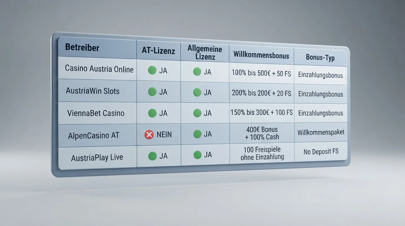 Übersichtstabelle mit den zehn geprüften Casino-Anbietern, ihren Bonus-Angeboten und AT-Lizenzstatus
