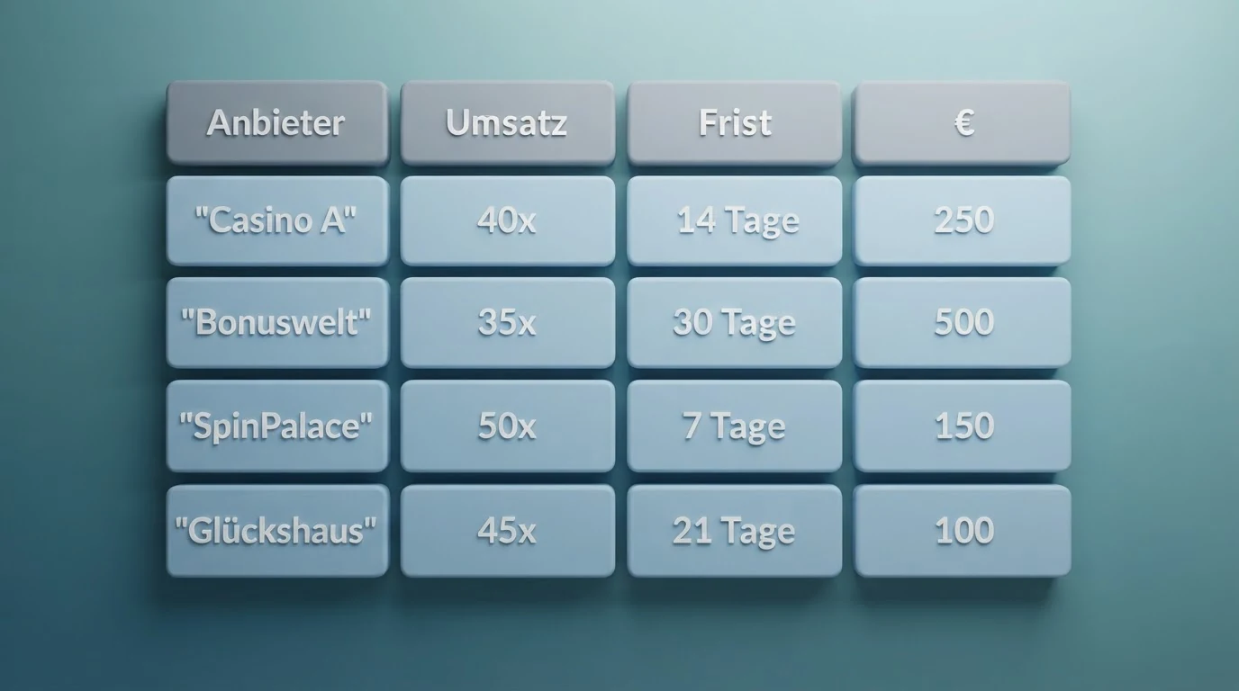 Eine übersichtliche Vergleichstabelle listet zehn Online-Casino-Anbieter mit ihren Umsatzbedingungen, Fristen und Bonusbeträgen auf.