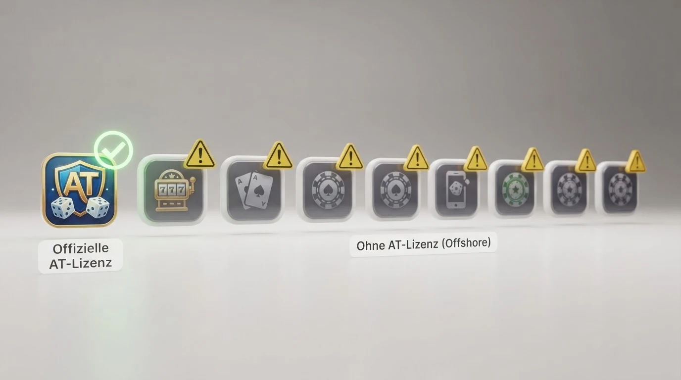 Zehn Casino-App-Logos in einer Reihe, links das win2day-Logo mit einem Haken für die AT-Lizenz, neun Logos mit einem Warndreieck für Offshore-Status