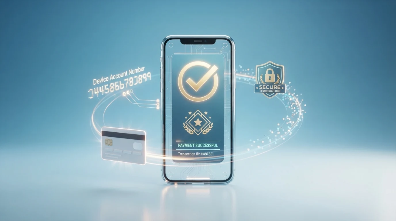 Schematische Darstellung des Apple-Pay-Einzahlungsvorgangs mit Tokenisierung und Gerätenummer