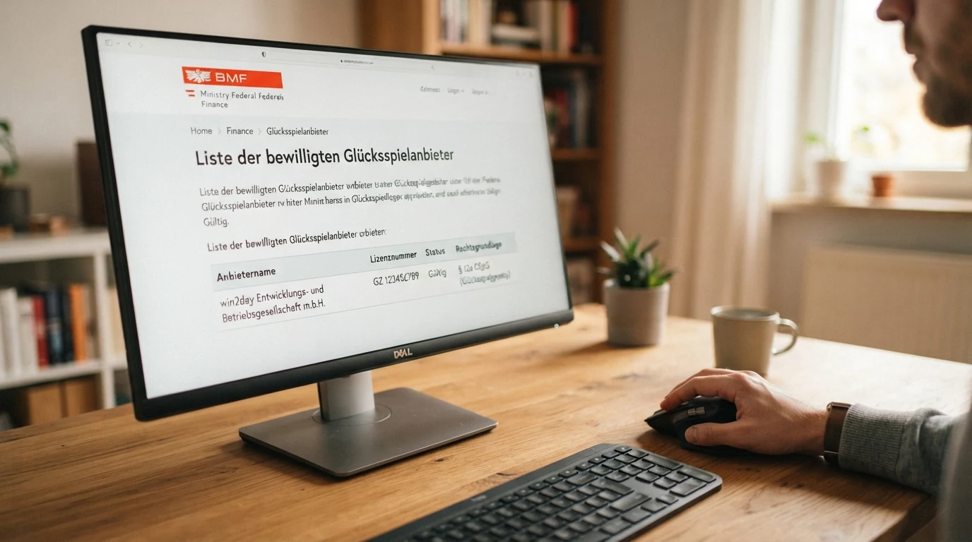 Screenshot der offiziellen BMF-Liste konzessionierter Glücksspielanbieter mit nur einem Eintrag für Online-Glücksspiel