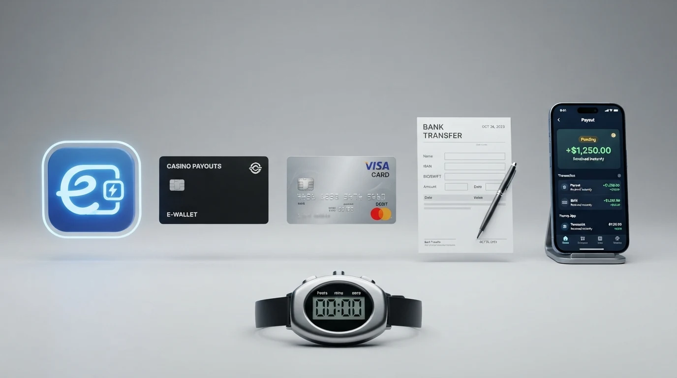 Fünf nebeneinanderliegende Zahlungsmittel – E-Wallet-Logo, PayPal-Karte, Kreditkarte, Banküberweisungsformular, Smartphone mit Banking-App – mit einer Stoppuhr im Vordergrund