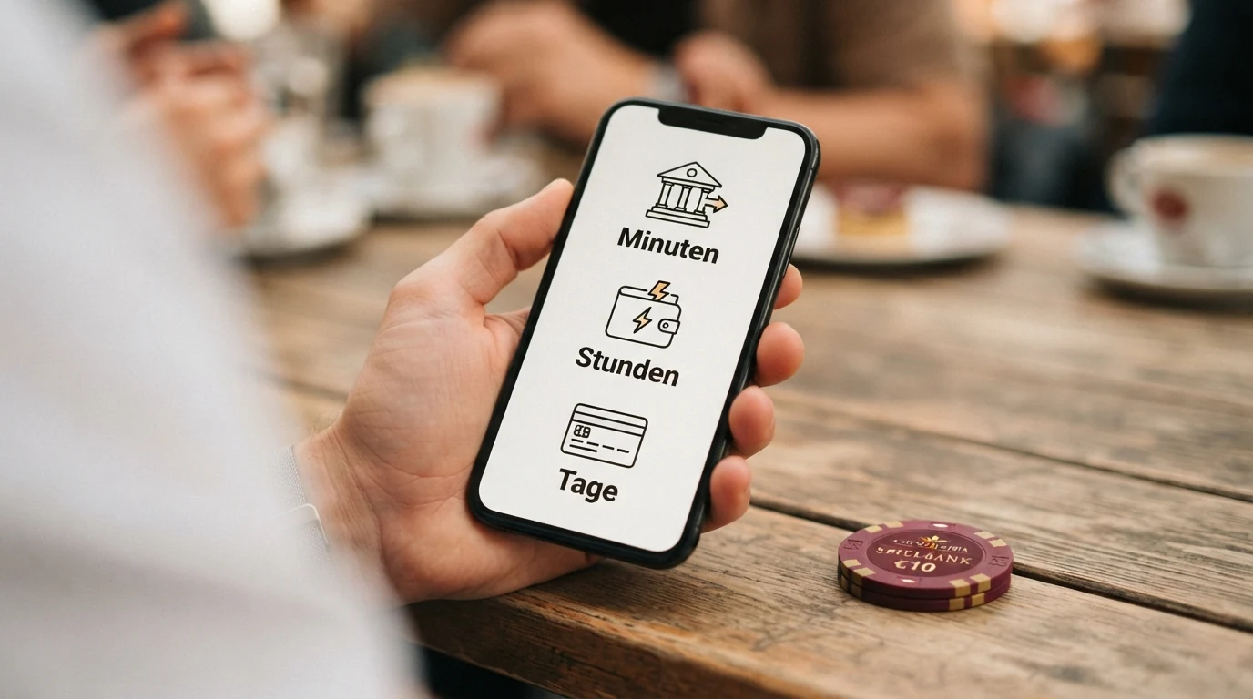 Logos der Casino-Zahlungsmethoden Trustly, Skrill, PayPal, Visa und Banküberweisung im direkten Vergleich mit Geschwindigkeitsbalken