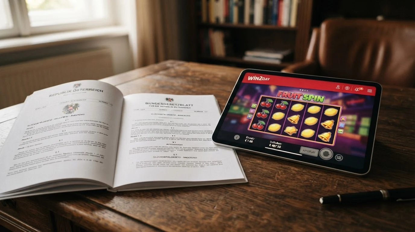 Ein aufgeschlagenes Gesetzesdokument mit dem Bundesadler der Republik Österreich, daneben ein Tablet mit einer Online-Casino-Oberfläche und einer deaktivierten Autoplay-Schaltfläche