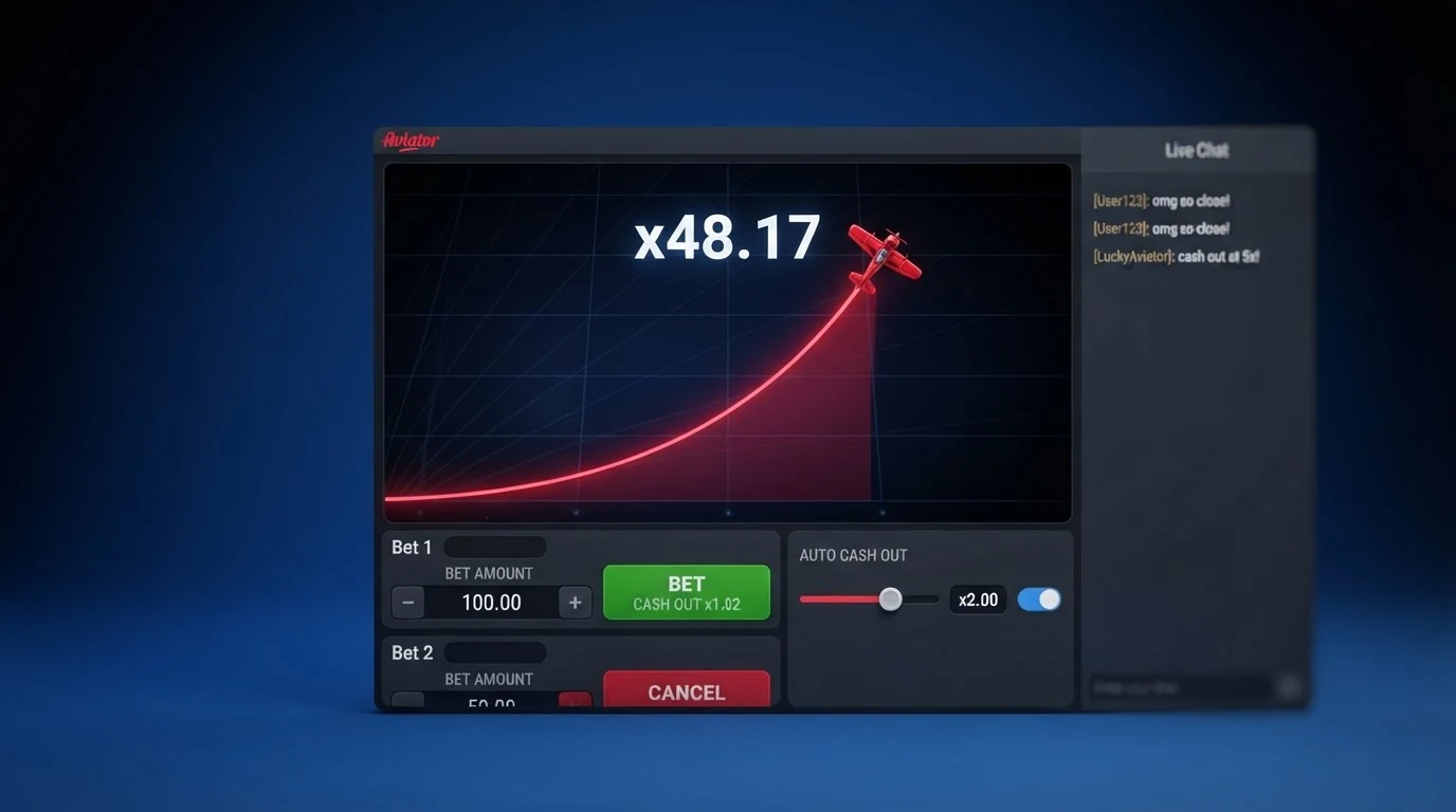 Detailansicht der Multiplikator-Kurve mit den Wettfeldern für zwei parallele Einsätze, der Auto-Cashout-Einstellung und dem Live-Chat-Fenster