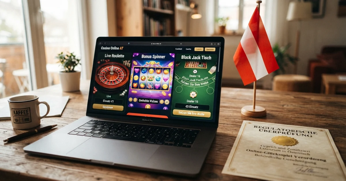 Ein Laptop-Bildschirm mit geöffneten Casino-Startseiten, daneben eine österreichische Flagge und das BMF-Logo