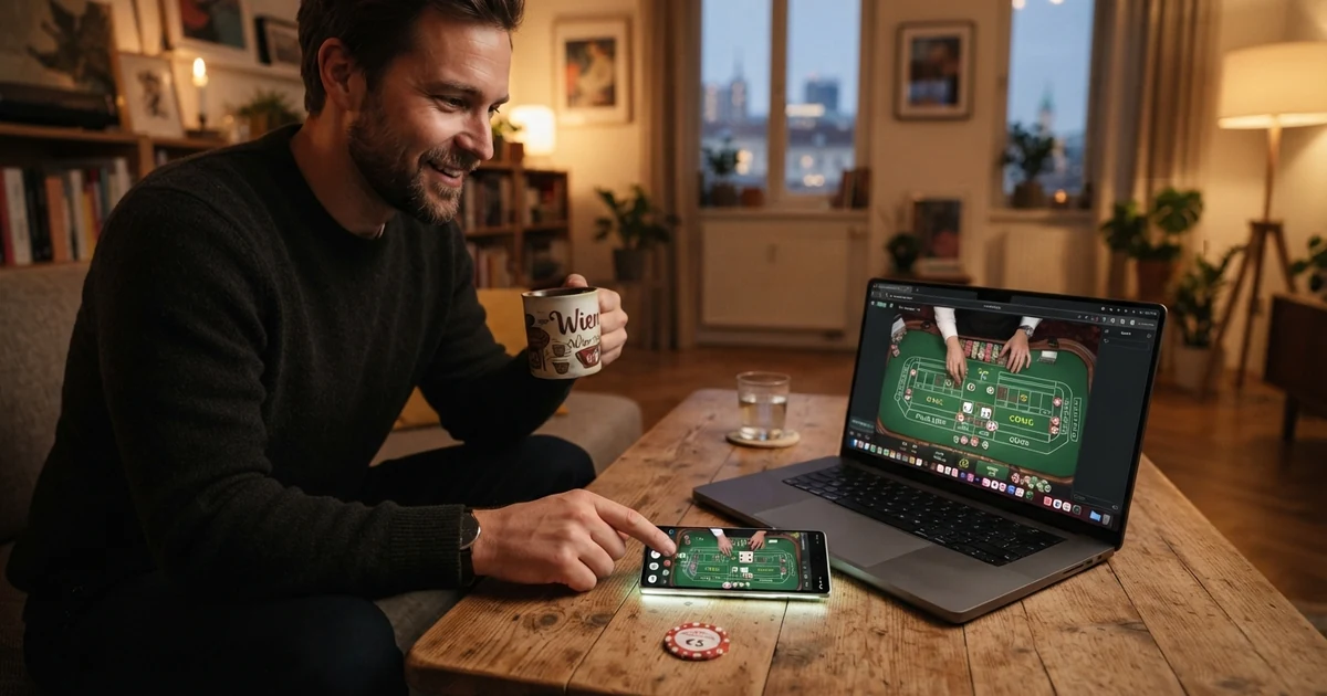 Ein Craps-Tisch mit Wettfeldern auf einem Computerbildschirm, daneben ein Smartphone mit demselben Spiel