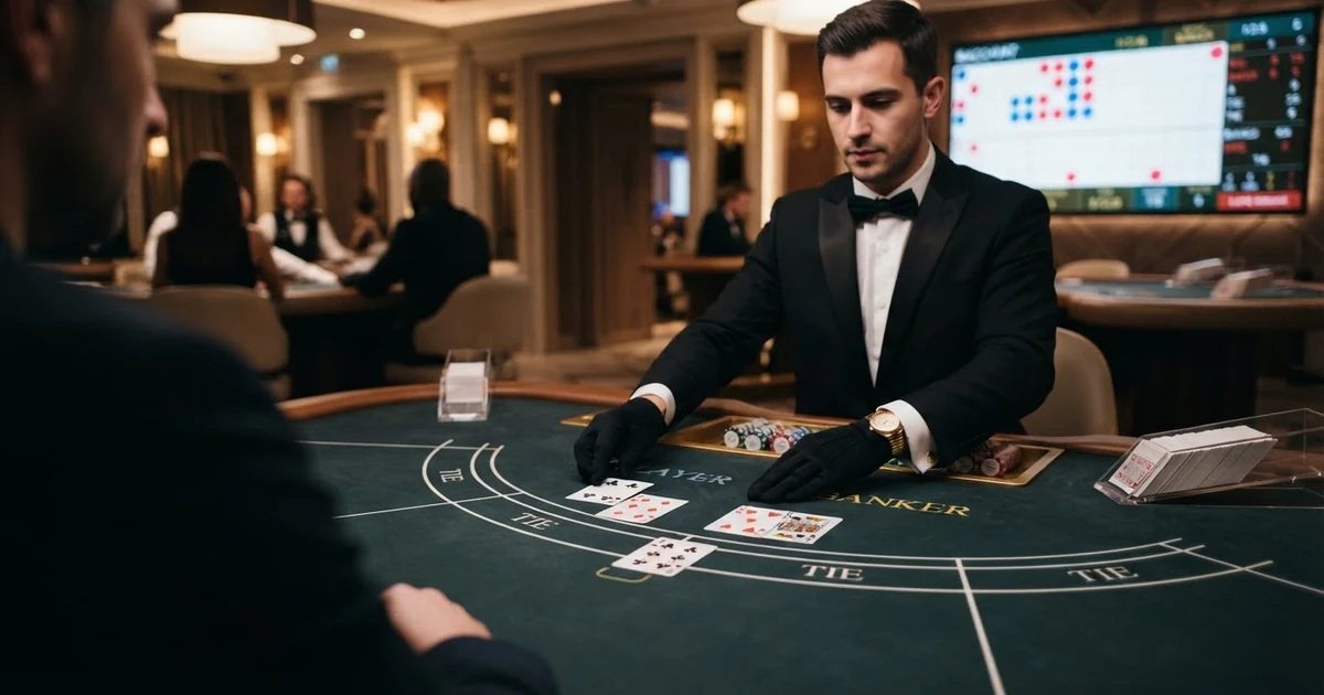 Ein Live-Croupier teilt Karten an einem Baccarat-Tisch aus, im Hintergrund die Wettfelder Spieler, Banker und Unentschieden auf einem Bildschirm mit 4K-Studio-Beleuchtung.