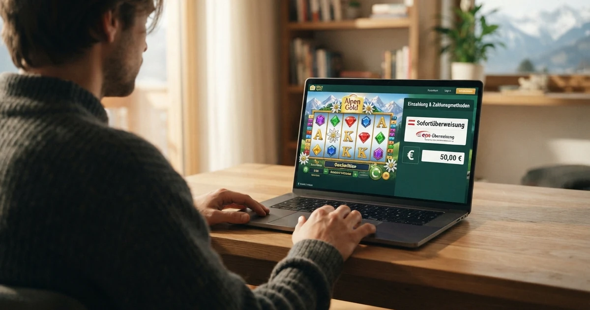 Eine Person sitzt am Laptop und wählt in einem Online-Casino die Zahlungsmethode Lastschrift aus — auf dem Bildschirm sind die Logos von Sofort, Trustly und eps zu sehen