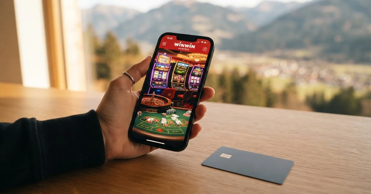 Eine Mastercard-Kreditkarte liegt neben einem Smartphone, auf dessen Bildschirm ein Online-Casino mit Spielautomaten zu sehen ist; im Hintergrund eine stilisierte österreichische Berglandschaft.