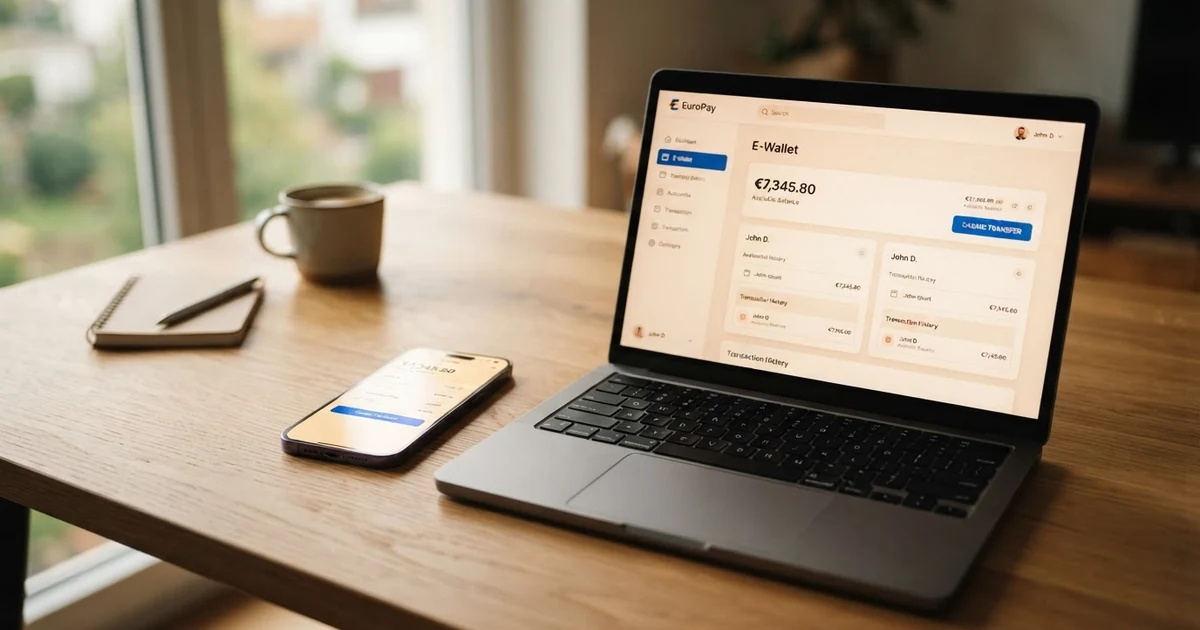 MiFinity-E-Wallet-Dashboard auf einem Smartphone- und Laptop-Bildschirm, mit Euro-Guthaben und Casino-Überweisungsoption