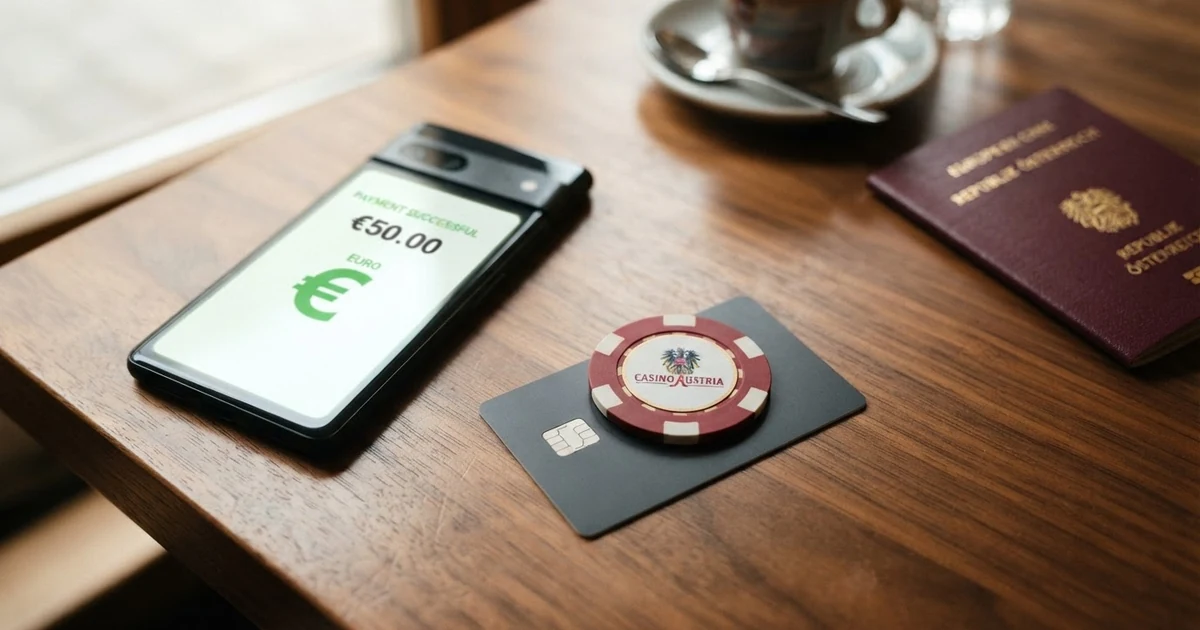 Eine Paysafecard-Prepaid-Karte und ein Smartphone mit geöffneter Casino-Website, daneben ein österreichischer Reisepass als Symbol für den AT-Markt