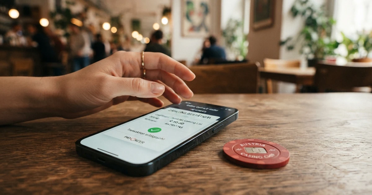 Eine Nahaufnahme eines Smartphone-Bildschirms mit dem Skrill-Logo und einer Casino-Zahlungsbestätigung in der Skrill-App, daneben eine österreichische Kreditkarte
