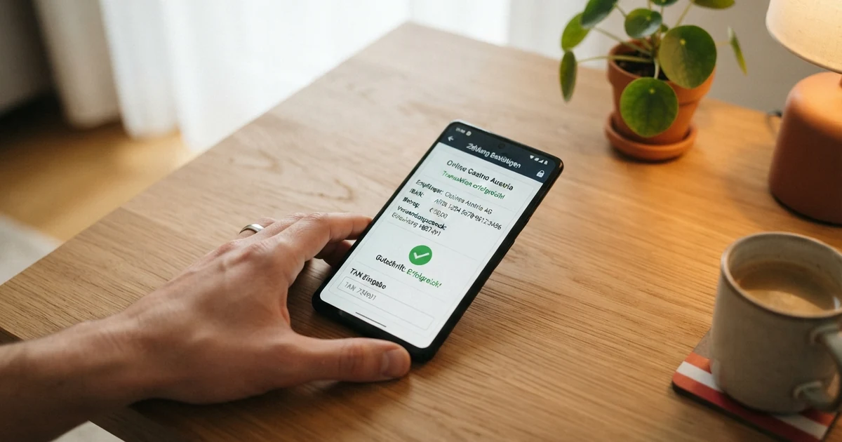 Eine Sofort-Direktbuchung auf einem Smartphone-Bildschirm mit Casino-Oberfläche und aktiviertem TAN-Verfahren