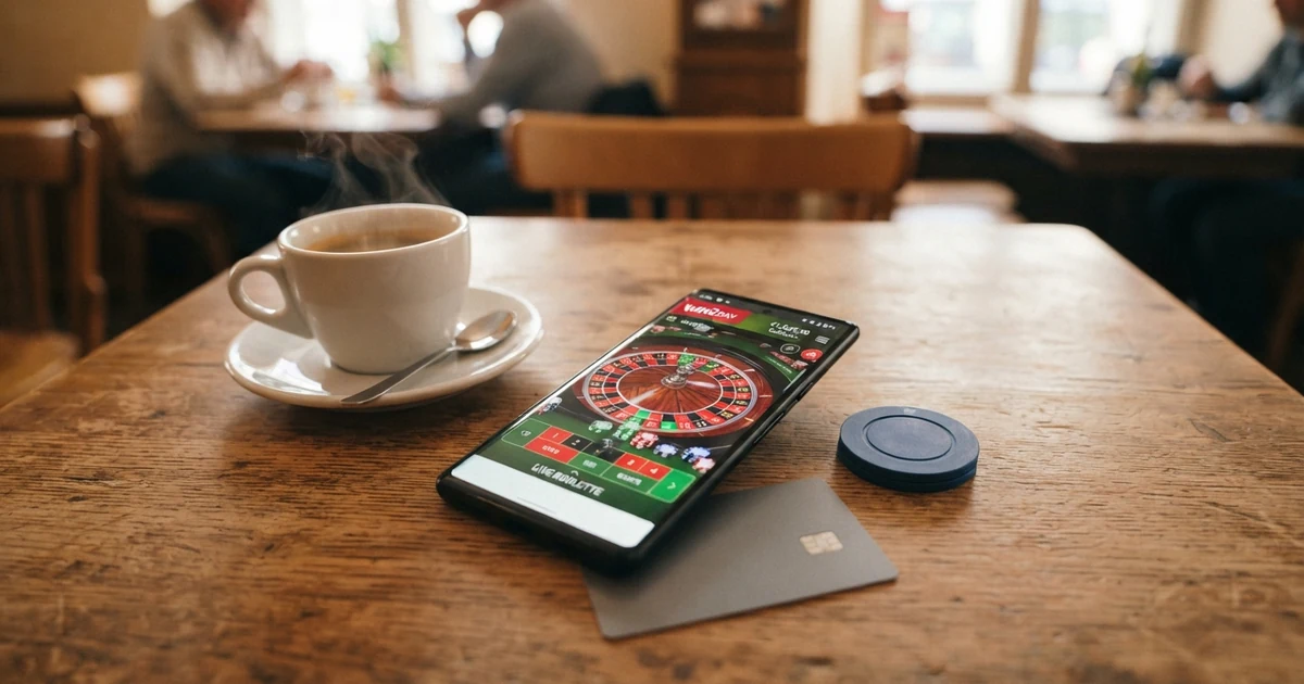 Eine Visa-Kreditkarte und ein Smartphone mit geöffneter Casino-App liegen auf einem Tisch neben einer Tasse Kaffee.