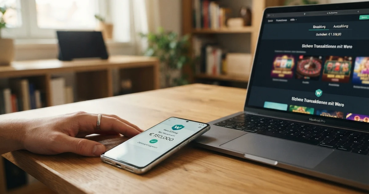 Wero-Logo auf einem Smartphone-Display neben einer geöffneten Banking-App, im Hintergrund ein Laptop mit einer Casino-Website