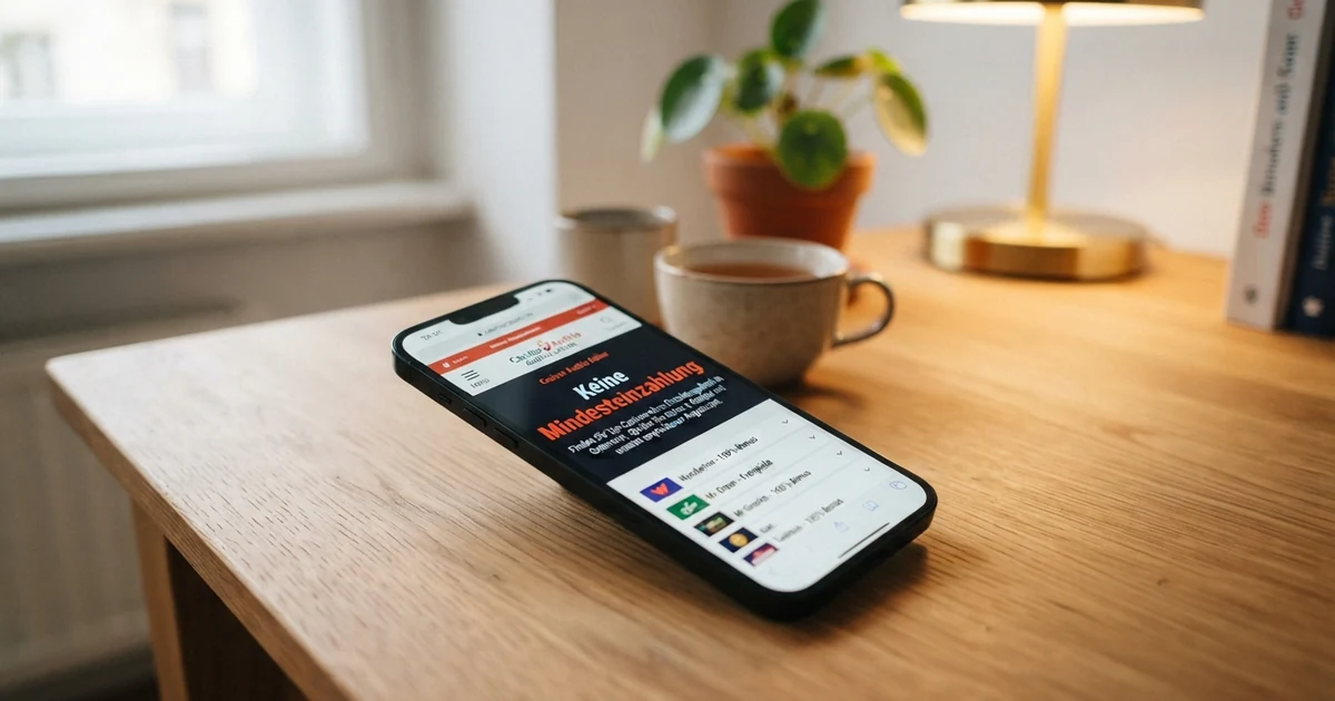 Smartphone mit geöffneter Casino-Website, auf dem Bildschirm ein durchgestrichener Einzahlungsbutton und der Text „Keine Mindesteinzahlung“