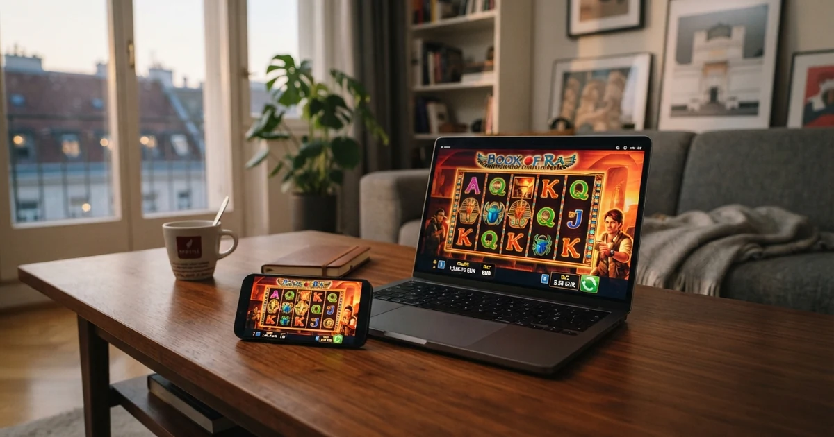 Eine geöffnete Online-Casino-Oberfläche auf einem Laptop-Bildschirm, daneben ein Smartphone mit dem gleichen Spiel — beide ohne sichtbare Einsatzbegrenzung