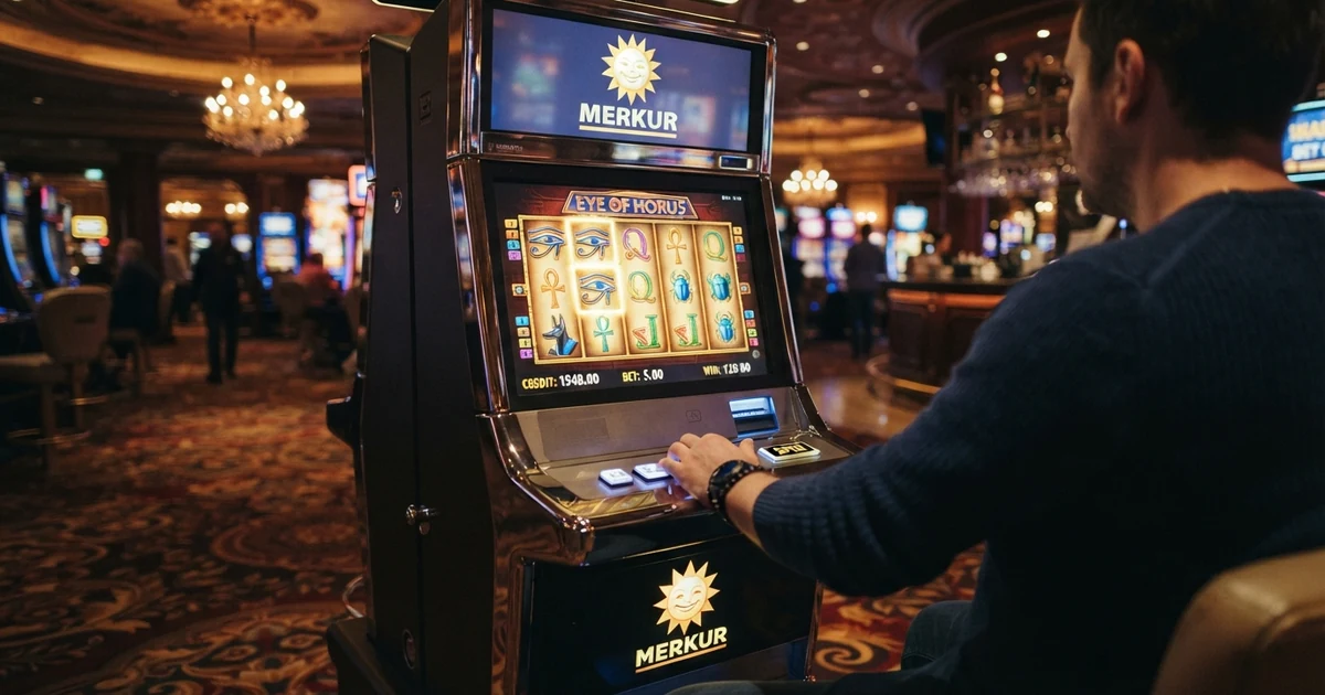 Bildschirmansicht eines Merkur-Spielautomaten mit Walzen, Früchtesymbolen und dem markanten Merkur-Sonnen-Logo in einer Casino-Umgebung