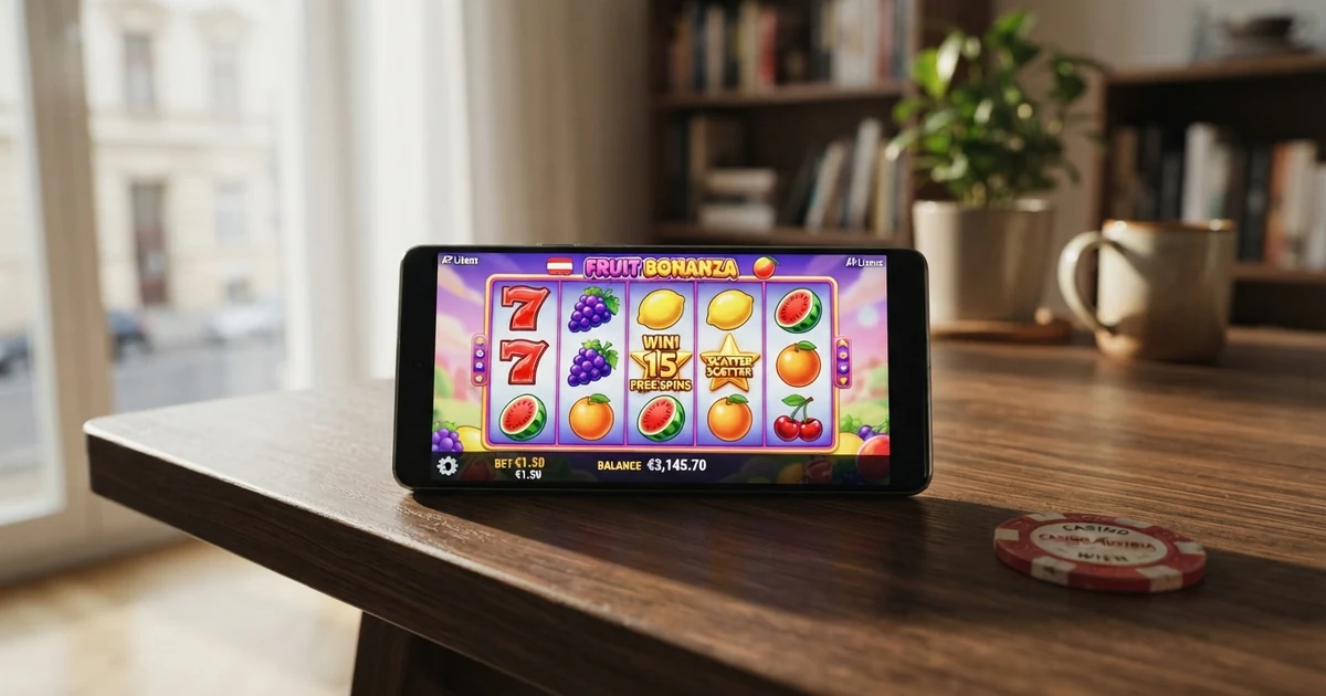 Spielautomaten-Bildschirm mit farbigen Walzen, Fruchtsymbolen und einer Spin-Taste in einer digitalen Casino-Oberfläche