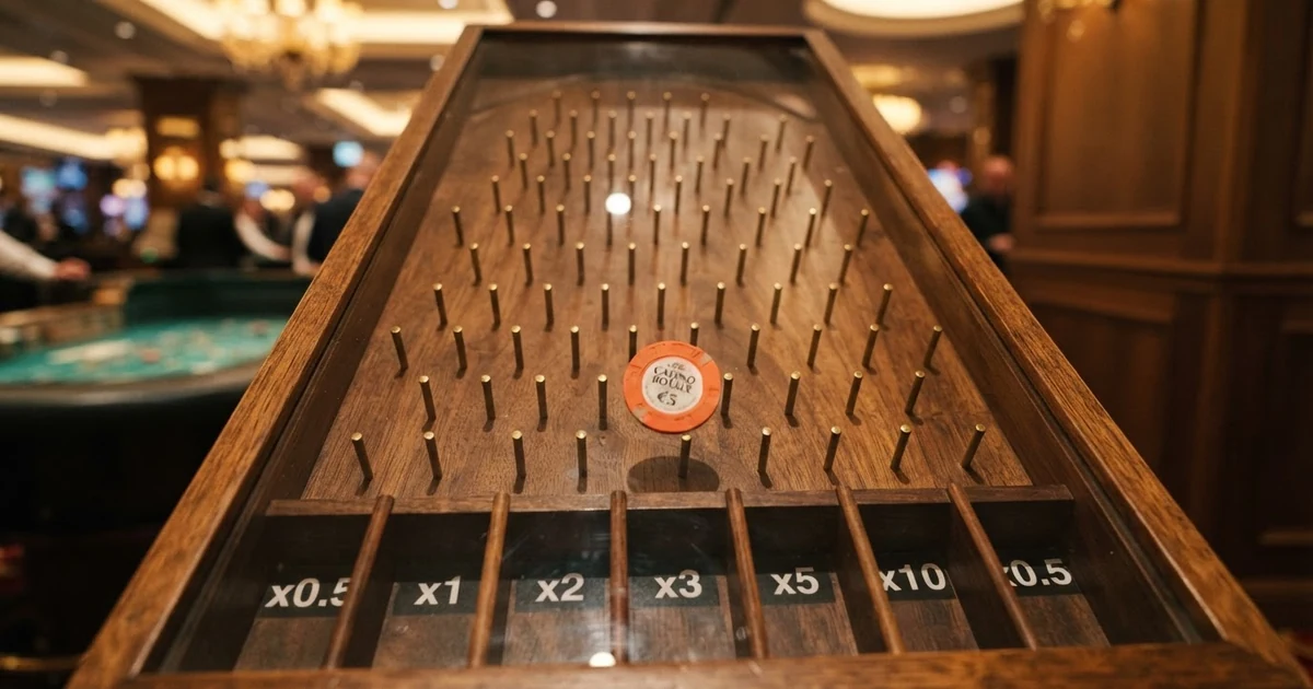 Plinko-Spielbrett mit farbigen Kugeln und sichtbaren Multiplikator-Feldern in den Auffangfächern
