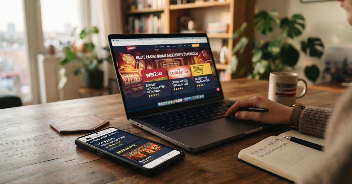 Ein Smartphone und ein Laptop-Bildschirm zeigen verschiedene Willkommensbonus-Angebote mit Prozentzahlen und Stern-Bewertungen im Vergleich