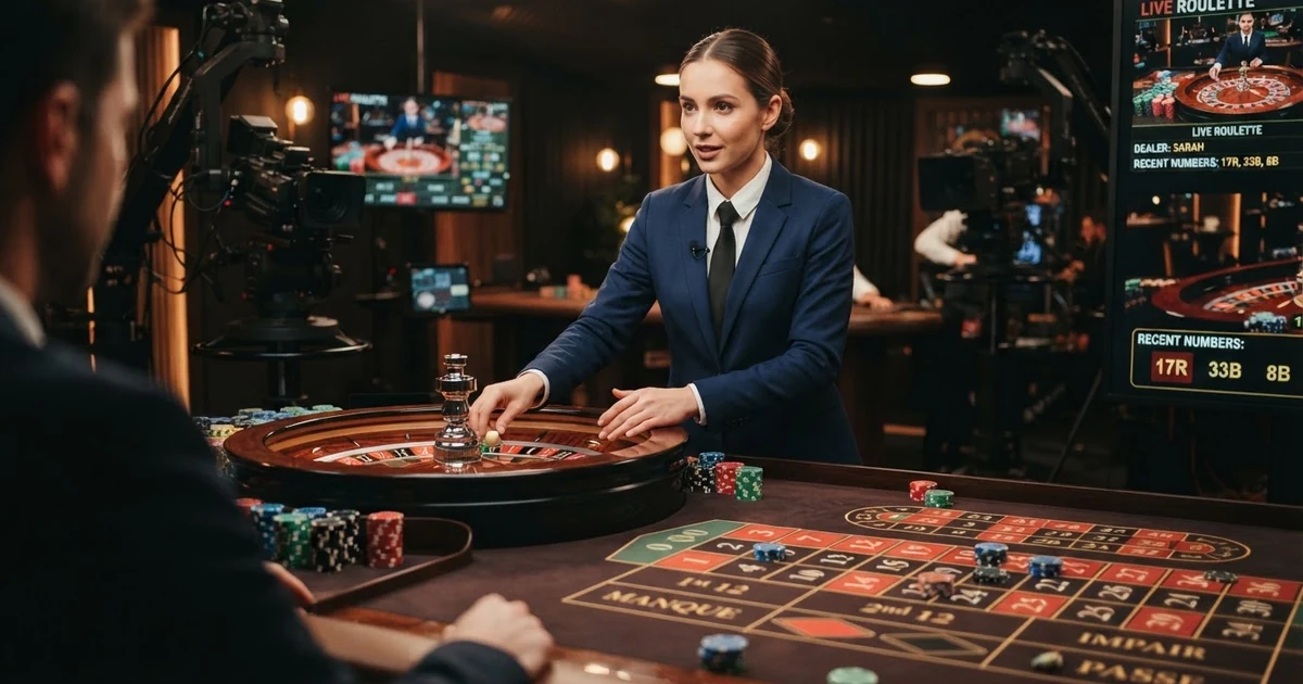 Ein croupier in einem professionellen Live-Casino-Studio mit mehreren Kameras, einem Roulette-Tisch und Bildschirmen im Hintergrund