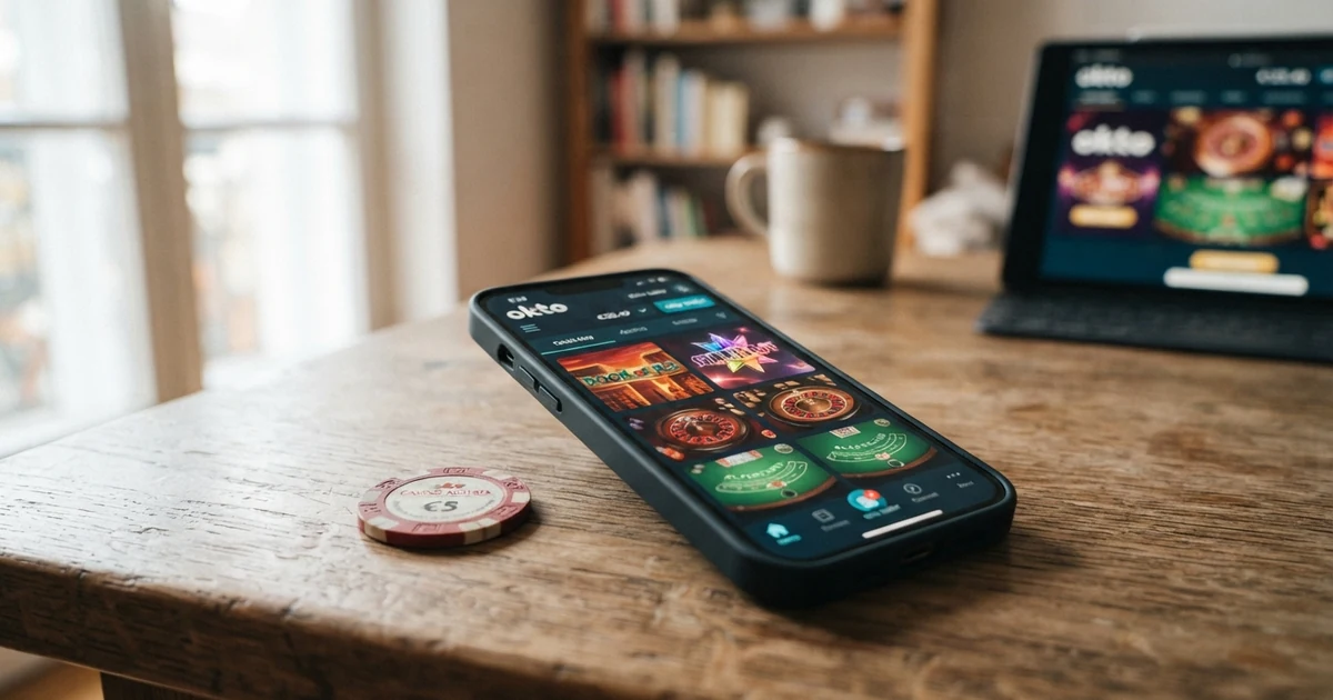 Smartphone mit geöffneter Okto-Wallet-App, im Hintergrund eine Casinolobby mit Spielautomaten