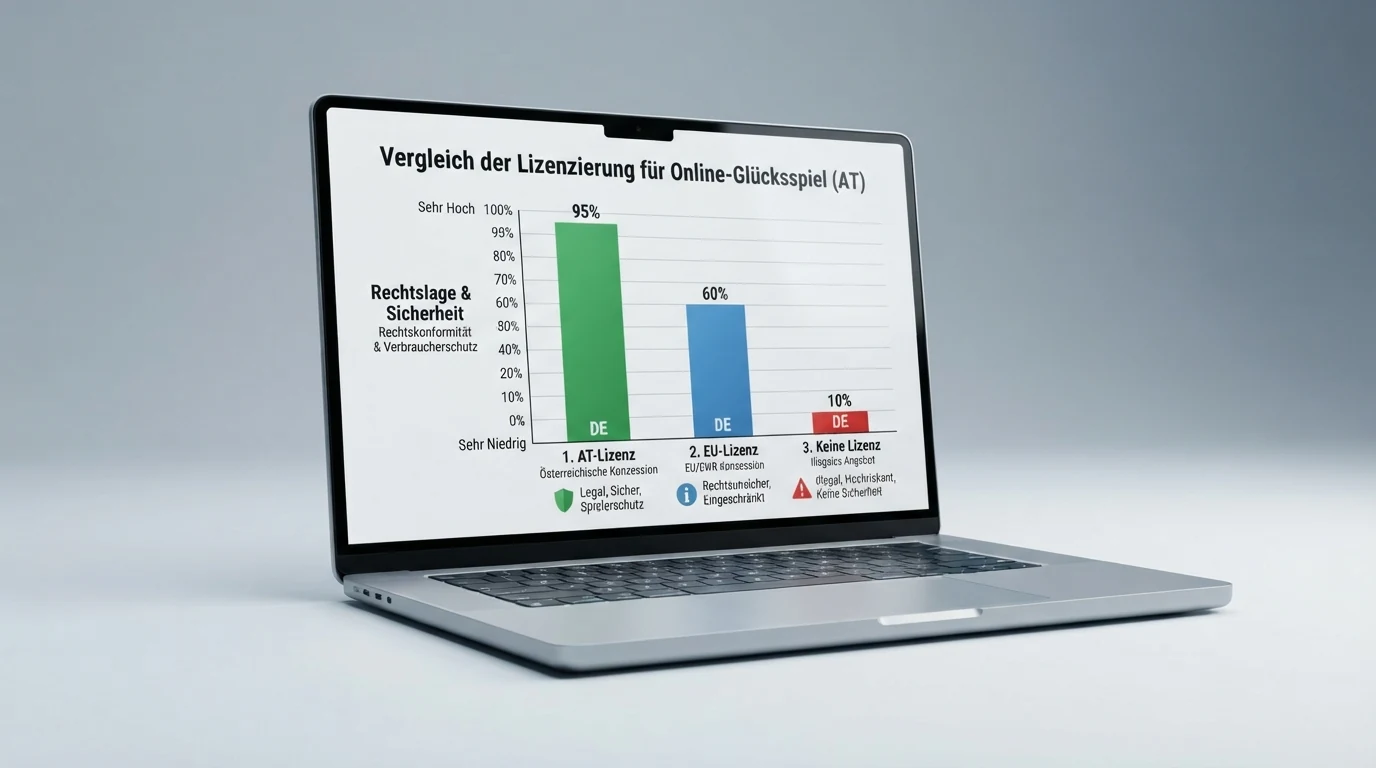 Eine tabellarische Übersicht mit Operator-Logos auf einem Bildschirm, die Spalten zeigen Lizenz, Bonus und Klarna-Verfügbarkeit