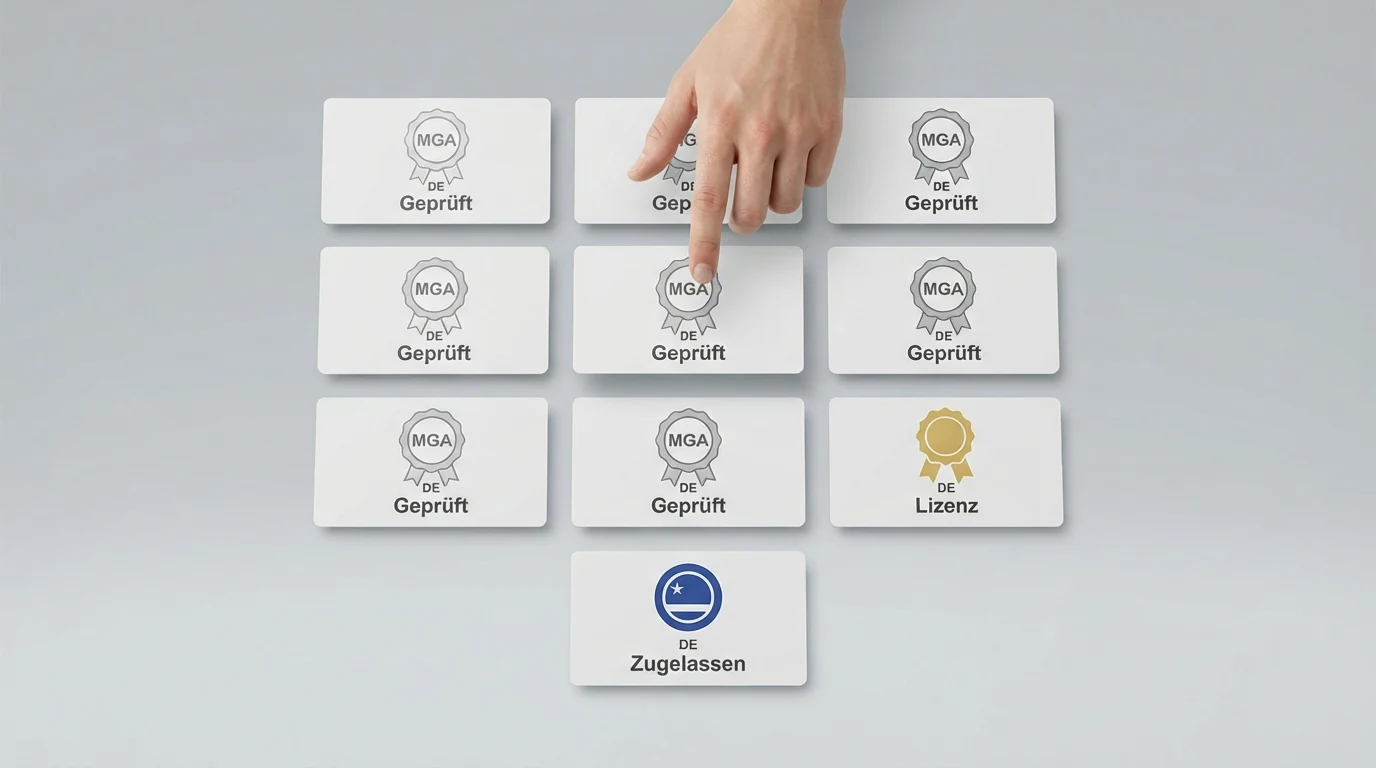 Zehn Casino-Logos in einer vergleichenden Übersicht, gruppiert nach Lizenztyp — ein AT-Wappen für win2day, MGA-Siegel für acht Anbieter und ein Curaçao-Symbol für einen Anbieter