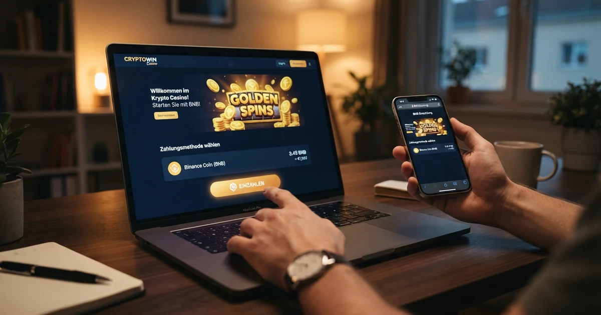 Eine Krypto-Casino-Startseite mit BNB-Zahlungsoption, Spielvorschau und Einzahlungsbutton auf einem Laptop-Display