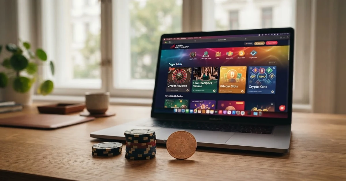 Eine Reihe von Bitcoin-Münzen vor einem geöffneten Laptop mit Casino-Lobby, warmes Licht, redaktionelle Atmosphäre