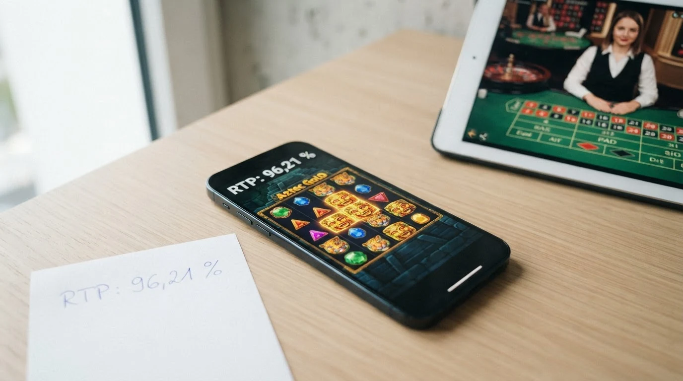 Bildschirmansicht eines Bitcoin-Slots mit sichtbarem RTP-Wert und Krypto-Einsatzleiste, im Hintergrund Live-Dealer-Tisch