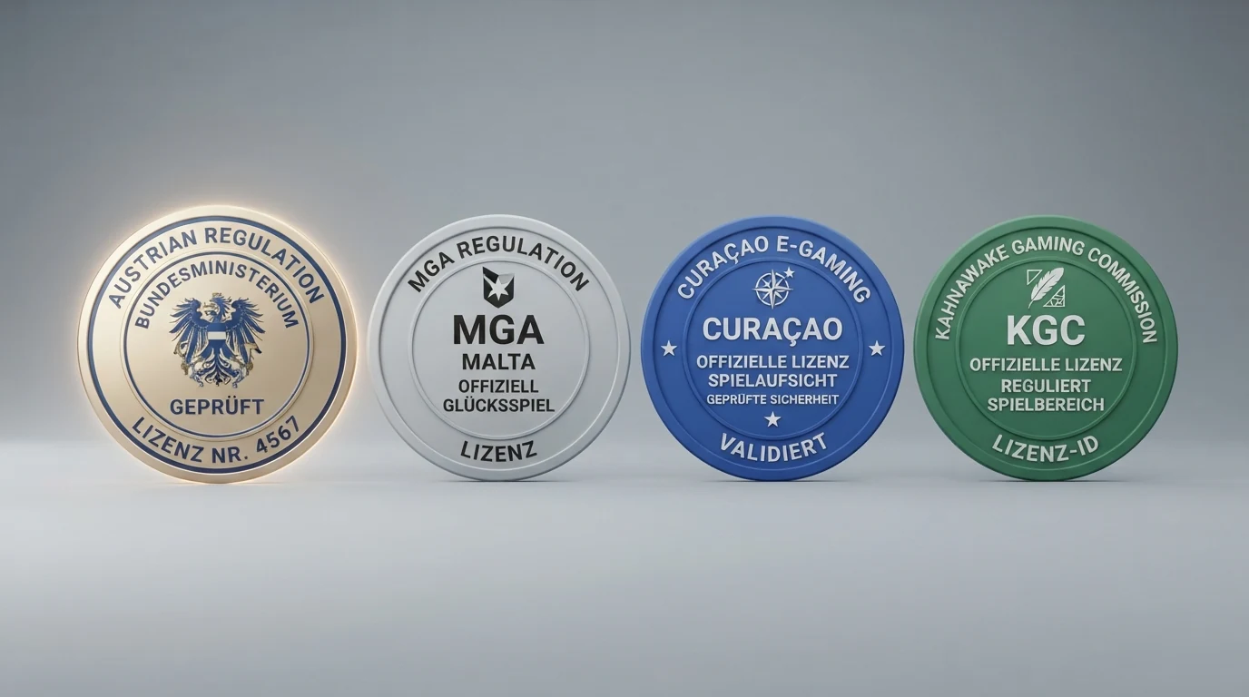 Vier Lizenz-Logos nebeneinander: BMF, Malta Gaming Authority, Curaçao eGaming, Kahnawake Gaming Commission — das BMF-Logo hervorgehoben